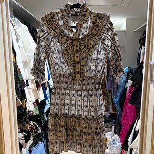 The Shirt by Rochelle Behrens Black and Cream Patterned Ruffle-Trim Midi Dress